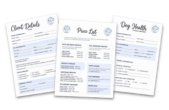 Examples of dog grooming business templates included with the course
